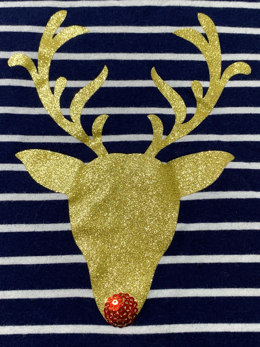 I.B DIFFUSION WOMENS NAVY AND WHITE STRIPED GLITTER AND SEQUINED REINDEER TOP